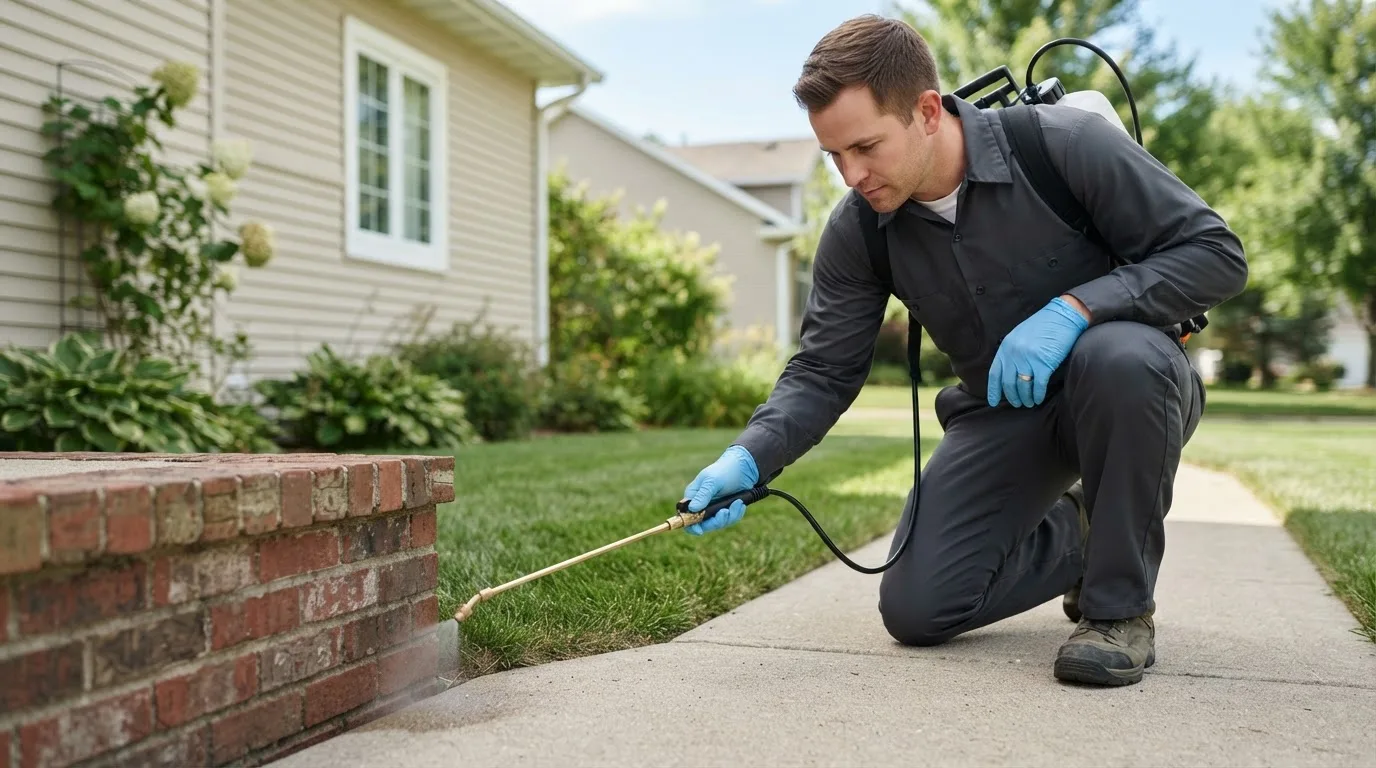 Pest control technician treating a home near Friendswood, TX