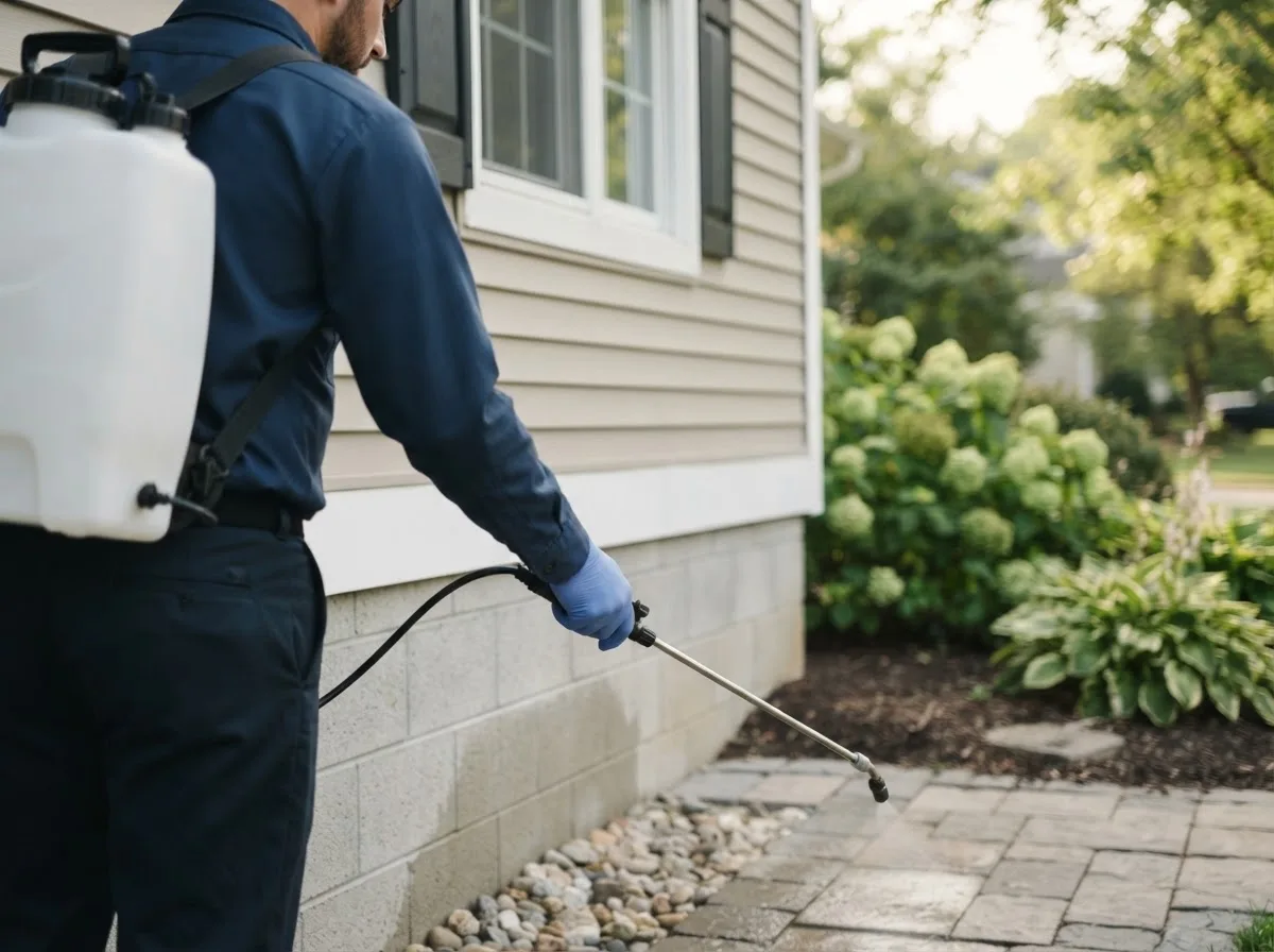 Pest control technician inspecting a home in Friendswood, TX